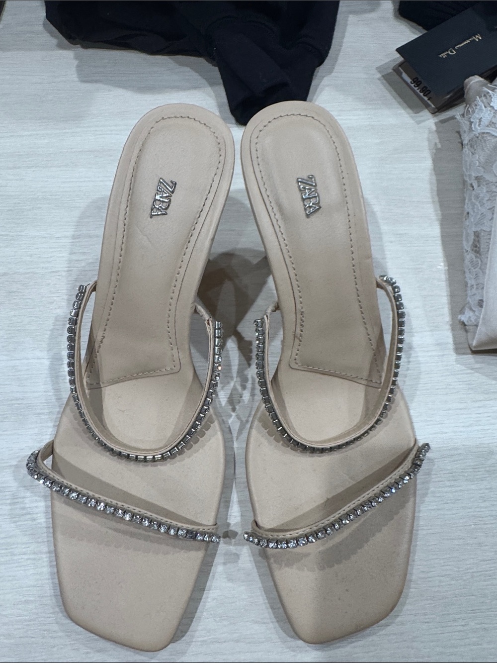 Zara Beige Crystal-Trim Slide Mules